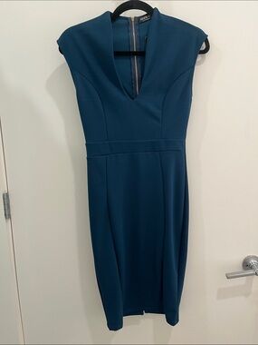 Fashion Nova Teal V-Neck Midi Sheath Dress- size Medium NWT